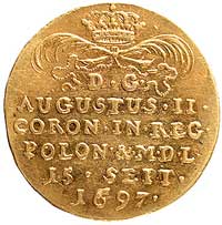 dukat koronacyjny 1697, Aw: Ręka z szablą, Rw: Napisy, Merseb. 1400, Fr. 2830, złoto, 3,30 g