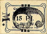 Łódź, 5 i 15 kopiejek przedruk na 4 i 6 marek, firma L. Bulwa- Łódź, Piotrkowska 115. Jabł.1377, r..