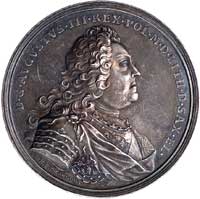 medal koronacyjny Augusta III autorstwa H. P. Groskurta wybity w 1734 r., Aw: Popiersie w zbroi i ..