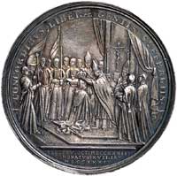 medal koronacyjny Augusta III autorstwa H. P. Groskurta wybity w 1734 r., Aw: Popiersie w zbroi i ..