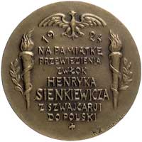sprowadzenie zwłok Sienkiewicza - medal autorstwa K. Żmigrodzkiego 1924 r., Aw: Popiersie w prawo,..