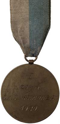 medal pamiątkowy na wstążce za zajęcie I miejsca w wyścigu na 20 km rozegranym w 1930 roku we Lwow..