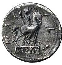 Man. Aemilianus Lepidus około 114/113 pne, denar, Aw: Głowa Romy w prawo, przed nią napis ROM, Rw:..