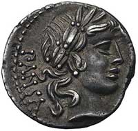 C. Vibius C.f. Pansa około 90 pne, denar, Aw: Głowa Apollina w prawo, za nim napis PANSA, Rw: Mine..
