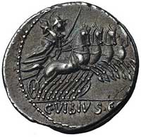 C. Vibius C.f. Pansa około 90 pne, denar, Aw: Głowa Apollina w prawo, za nim napis PANSA, Rw: Mine..