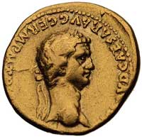 aureus, Aw: Popiersie cesarza w wieńcu na głowie w prawo, napis w otoku ..AVD CAESAR AVG GERM PM. ..