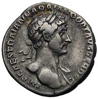 denar, Aw: Popiersie Hadriana w prawo i napis, Rw: Stojący Hadrian i Trajan podający sobie dłonie ..