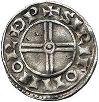 Knut 1016- 1035, denar, Aw: Popiersie z berłem w lewo i napis, Rw: Krzyż dwunitkowy i napis w otok..