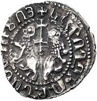 Levon I 1198- 1219, tram, Aw: Król na tronie, napis w otoku (Lewon król Ormian), Rw: Długi krzyż p..