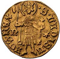 Zygmunt 1387- 1437, goldgulden, mennica Nagy-Banya, Aw: Tarcza herbowa i napis, Rw: Stojący św. Ła..