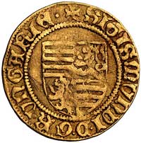 Zygmunt 1387-1437, goldgulden, mennica nieznana, Aw: Tarcza herbowa i napis, Rw: Stojący św. Ładys..