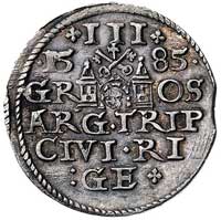 trojak 1585, Ryga, odmiana z dużą głową króla, ale o ciekawym rysunku, Kurp. 450 R, Gum. 814, patyna