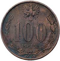 100 marek (bez nazwy) 1922, Józef Piłsudski, Parchimowicz P-166 a, wybito 60 sztuk, miedź, 8.84 g,..