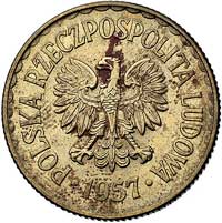 1 złoty 1957, na rewersie wklęsły napis PRÓBA, Parchimowicz P-216 b, mosiądz, 6.67 g, wybito 100 s..