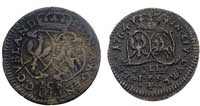 zestaw monet grosz 1763, Mitawa i szeląg 1764, Mitawa, Kruggel 6.3.1.2. i 6.1.2.1., razem 2 sztuki