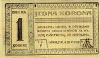 Oświęcim - bon na 1 koronę 25.06.1919, emitowany przez Drukarnię Grossa, Jabłoński 417