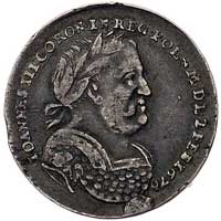 medalik koronacyjny Jana III Sobieskiego wybity w 1676 r., Aw: Popiersie króla w zbroi karacenowej..