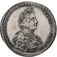 medalik koronacyjny Augusta II, autorstwa J. Kocha wybity w 1697 r., Aw: Popiersie króla w zbroi i..