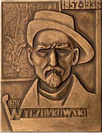 Leon Wyczółkowski- autorstwa Franciszka Habdasa 1977 r.; Popiersie w kapeluszu na tle obrazu, u gó..