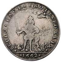 żeton miasta Rouen 1662 r., Aw: Herb miasta i napis CIVITAS ROTHOMAGENSIS, Rw: Stojący władca z mi..
