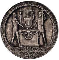 wypowiedzenie wojny przez Reichstag 1914 r.- medal autorstwa Lauera, Aw: Trzej wojownicy z mieczam..