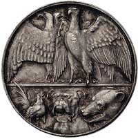 wypowiedzenie wojny przez Reichstag 1914 r.- medal autorstwa Lauera, Aw: Trzej wojownicy z mieczam..