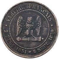moneta szydercza wybita na krążku 5 centimówki z wyobrażeniem Napoleona III w pikelhaubie; napisy ..