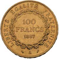 100 franków 1887 A, Paryż, Fr. 590, złoto, 32.23 g, wybito tylko 234 sztuki, bardzo rzadkie