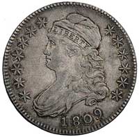 50 centów 1809, Filadelfia, napis na rancie przedzielony pionowymi ząbkami tzw. experimental edge,..