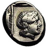 LESBOS- Mytilene, El-hekte 450-330 pne, Aw: Głowa Apollina w wieńcu w prawo, Rw: W kwadracie głowa..