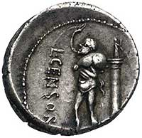 L. Censorinus 82 pne, denar, Aw: Głowa Apollina w prawo, Rw: Satyr Marsjasz z bukłakiem wina stoją..