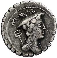C. Mamilius Limetanus ok. 82 pne, denar, Aw: Popiersie Merkurego z kaduceuszem w prawo, Rw: Odyseu..