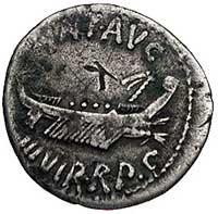 Marek Antoniusz 32-30 pne, denar legionowy, Aw: Galera pretorska i napis w otoku ANT AVG III VIR R..