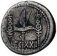 Marek Antoniusz 32-30 pne, denar legionowy, Aw: Galera pretorska i napis w otoku ANT AVG III VIR R..