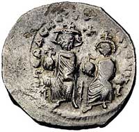 heksagram, Aw: Herakliusz i Herakliusz Konstantyn siedzący na wprost na tronie i napis w otoku, Rw..