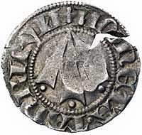 Tąglin, przed 1381 r.,wit, Aw: Strzała z kulkami na końcach i napis w otoku, Rw: Krzyż z małym krz..