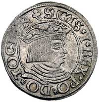 grosz 1535, Gdańsk, popiersie króla wcześniejsze, trójliść rozdziela napis po obu stronach monety,..