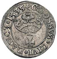 grosz 1535, Gdańsk, popiersie króla wcześniejsze, trójliść rozdziela napis po obu stronach monety,..