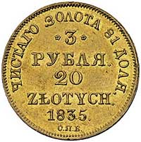3 ruble = 20 złotych 1835, Petersburg, Plage 301, Fr. 111, złoto, 3.89 g, piękny egzemplarz