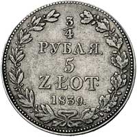 3/4 rubla = 5 złotych 1839, Warszawa, duże cyfry daty, Plage 363