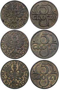zestaw monet 5 groszy 1925, 1930 i 1931, Warszawa, Parchimowicz 103.b, d, e, razem 3 sztuki