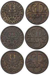 zestaw monet 1 grosz 1923, 1928 i 1932, Warszawa, Parchimowicz 101.a, d, g, razem 3 sztuki