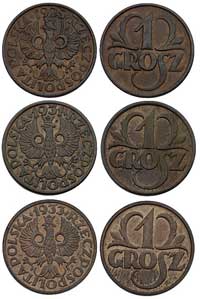 zestaw monet 1 grosz 1925, 1931 i 1933, Warszawa, Parchimowicz 101.b, f, h, razem 3 sztuki