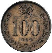 100 marek (bez nazwy) 1922, Józef Piłsudski, Parchimowicz 166.a, wybito 60 sztuk, miedź, 7.31 g, r..