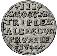trojak 1544, Królewiec, broda księcia długa i szpiczasta, odmiana napisu PRVSS, Bahr. 1190, Neuman..