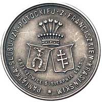 medal zaślubinowy Izy Potockiej z Franciszkiem Krasińskim 1913 r., Aw: Herby Korwin i Pilawa pod k..