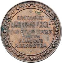 medal nagrodowy Cesarskiego Dolnokubańsko- Terskiego Towarzystwa Rolniczego, Aw: Nagi młodzieniec ..