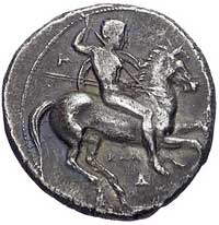 Kalabria-Tarent stater około 344-334 pne, Aw: Jeździec z tarczą i włócznią w prawo, sygn., Rw: Tar..