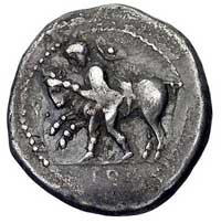 TESSALIA-Larisa, drachma 420-380 pne, Aw: Młodzieniec ujarzmiający młodego byczka, Rw: Koń skacząc..