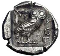 ATTYKA-Ateny, tetradrachma 455-449 pne, Aw: Głowa Ateny w hełmie w prawo, Rw: Sowa stojąca w prawo..